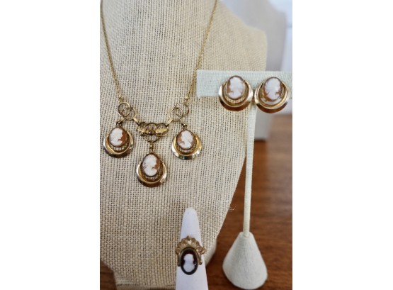 Vintage 12k GF Cameo Necklace, Earrings And Ring