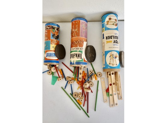 Vintage Tinker Toys And Other Building Set In Original Canisters