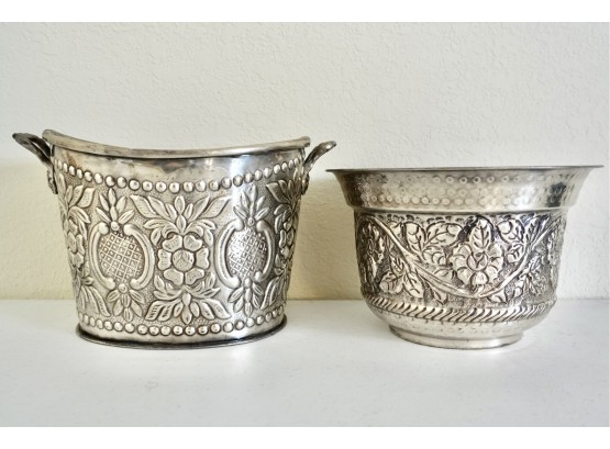 2 Hammered Silver Finish Planters