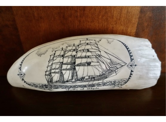 7.5' Scrimshaw With 4 Mast Ship, Titled Falls Of Clyde
