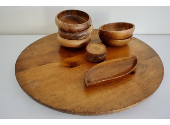 Large 22'  Wood Lazy Susan With Mid Century Bowls And Teak Coasters From Norway