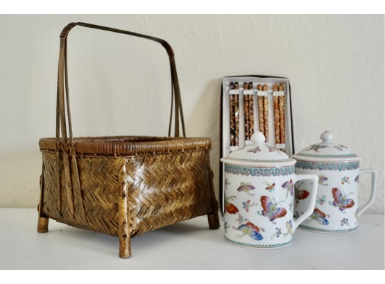 2 Asian Tea Cups, Marbled Chop Sticks And Baskets