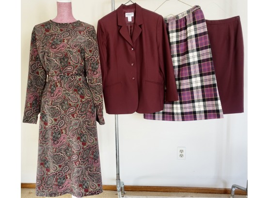 Women's Pendleton Wool Blend Maroon Suit, Wool Tartan Skirt, And More.