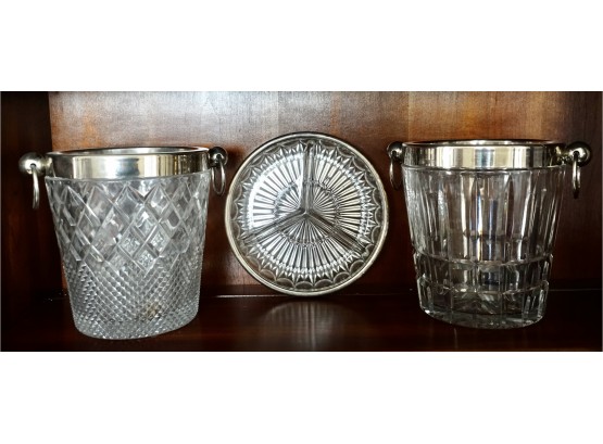 2 Heavy Crystal (?) Ice Buckets And Serving Plate With Silver Plate Rims
