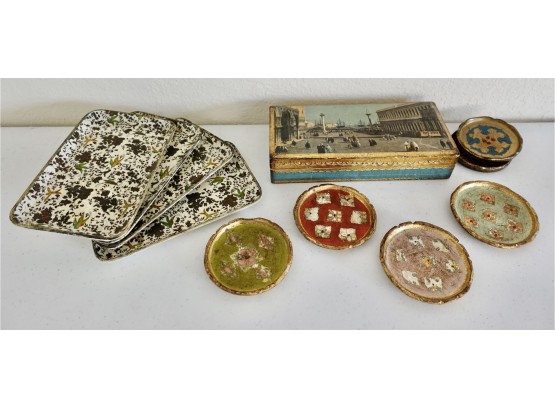 Assorted Painted Florentine Italian Pieces Including Box, Coasters, And Trays