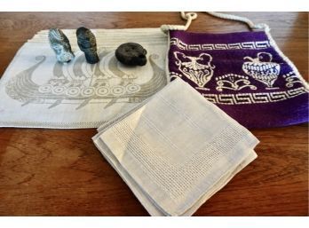 Classical Dcor Including 8 Placemats, 6 Napkins, Reproduction Antique Oil Lamp, Stone Busts, & Grecian Bag