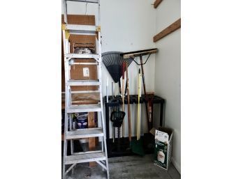 Yard Tools In Stand, Warner Combo Extension And Step Ladder, & Sprayer