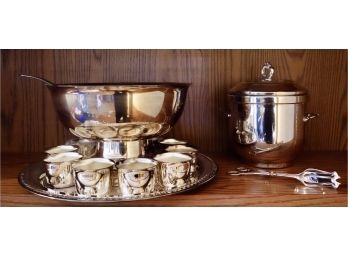 Silver Plate Punch Bowl And Cups With Gorham Ice Bucket