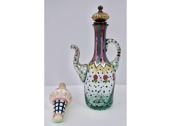 Hand Painted McKenzie Childs Glass Cruet And Bottle Stopper