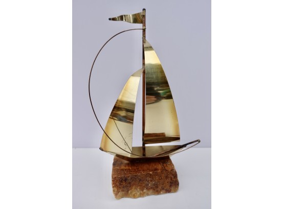Signed Mid Century Torched Brass Sailboat On Rock