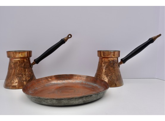 2 Vintage Iranian Copper Coffee Pots & Plate
