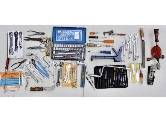 Assorted Tools Including Hand Planer, Chisels, Wrenches, Vintage Hand Drill, & Socket Set
