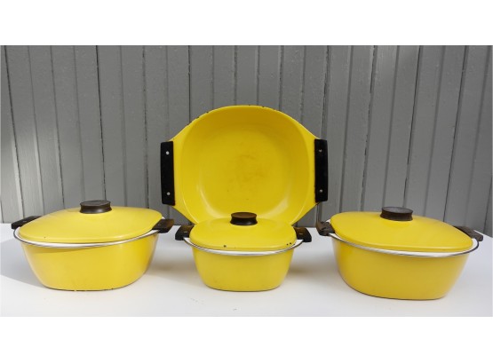 Great Set Of Mid Century Cathrineholm Enamel Cookware With Serving Tray