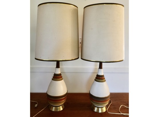 Pair Of Mid Century Lamps With Rings In Orange, Brown, And Gold