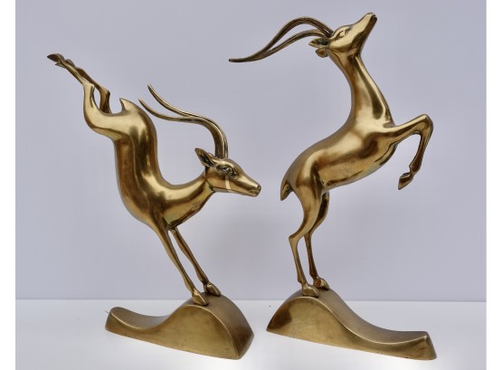 Stunning Pair Of Unusually Large Mid Century Brass Leaping Gazelles