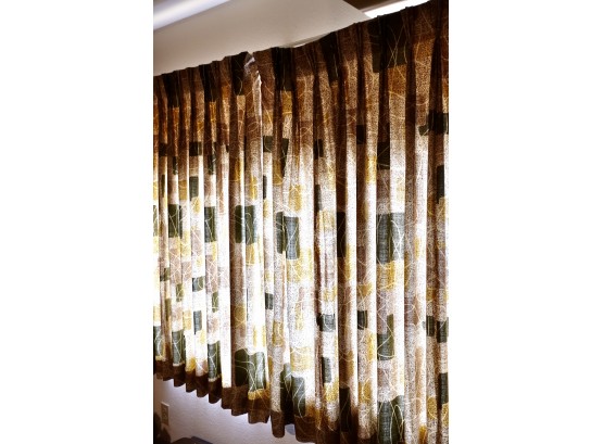 Fun Pair Of Mid Century Curtains In Browns, Yellows, And Greens