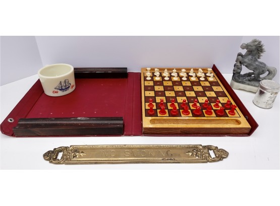 Vintage Duerke Travel Chess Set With Marble Horse, Old Spice Mug, Snuff Tin, & Non Smoking Sign