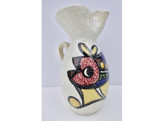 Hand Made And Painted Italian Mid Century Clay Pitcher With Fish Motif