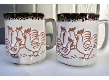 Pair Of Japanese Clay Mugs With Chicken Motif