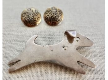 What Appear To Be 800-925 Silver Native Style Earrings And A Sterling Dog Pin