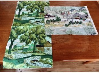 2 Pieces Of Vintage Barkcloth With Landscapes