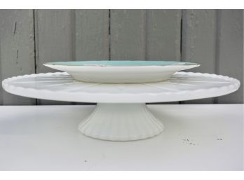 Sweet Milk Glass Cake Stand With Japanese Hand Painted Plate