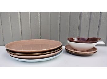 Vintage Russell Wright Plates And Bowls In Pink, Brown White, And Blue