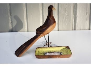 Small Carved Bird And Mid Century Copper Enamel Dish