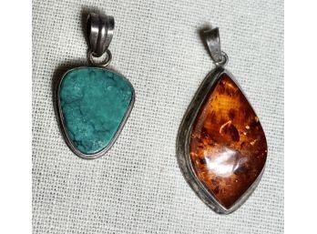 Turquoise And Amber Pendants