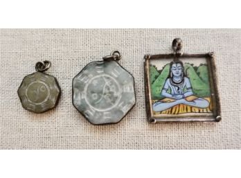 Sterling Pendant With Hindu Silk Painting And 2 Other Stone Pendants