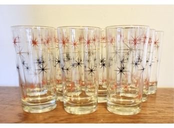 11 Mid Century Atomic Tumblers With Black, Red, And Gold Starbursts