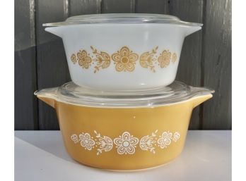 Vintage Pyrex Butterfly Gold 475 And 414 Casseroles With Lids