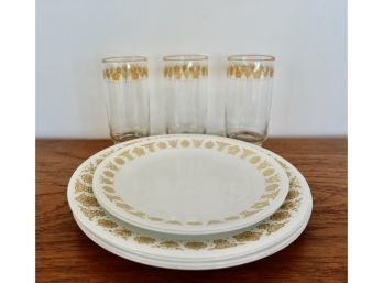 Butterfly Gold Corelle Plates And 3 Water Glasses