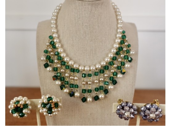 Vintage Faux Pearl And Beaded Necklace With Matching Clip Earrings & More