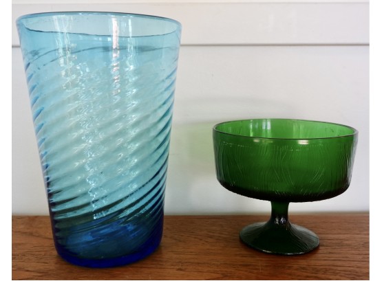 Vintage Large Blue Vase And Mid Century Green Footed Bowl