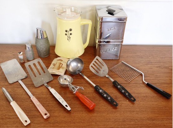 Mid Century Chrome Canisters, Atomic Handled Utensils, West German Mini Budweiser Can Opener, Glass Therm Pitc