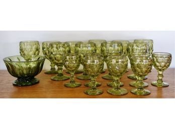 18 Mid Century Avocado Green Thumbprint Glasses With Coordinating Candy Dish