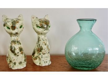 Mid Century Cat Shakers & Crackle Glass Vase