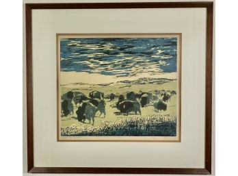 'Bison At Dusk' 89 Block Print By Donna Leise