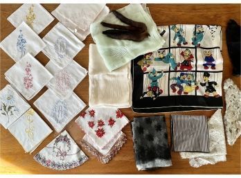 Vintage Embroidered Handkerchiefs, Scarfs, Lace, And Fur