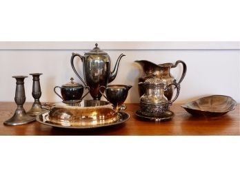 Assorted Silver Plate And 2 Pewter Candlesticks