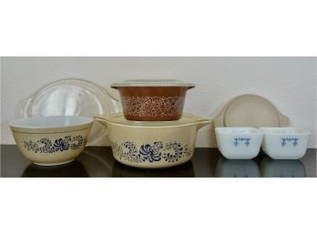 Assorted Pyrex And Lids, Homestead, Snowflake Blue Garland, And Woodland Patterns