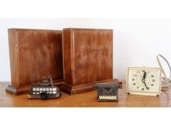 Heavy Wood Bookends, Mid Century Clock, And Pencil Sharpeners