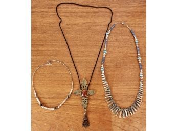 3 Necklaces Including Turquoise, Abalone, Shell & Stone