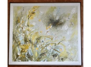 Large Mid Century Floral Serigraph Oil On Canvas By 1960s Swedish Artist Dietrich Grunewald, As Is
