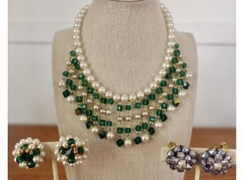 Vintage Faux Pearl And Beaded Necklace With Matching Clip Earrings & More