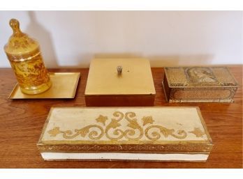 Vintage Florentine Box, Art Nouveau, And Other Boxes With Gold Accents, As Well As Glass Canister