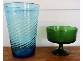 Vintage Large Blue Vase And Mid Century Green Footed Bowl