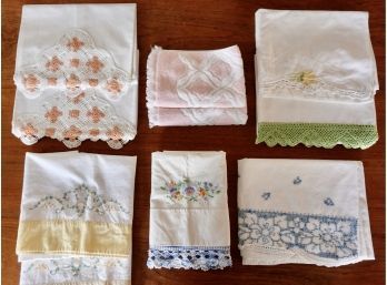 8 Vintage Embroidered Pillowcases And 2 Vintage Hand Towels