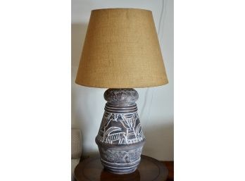 Great Ceramic Lamp With Tribal Motif And Burlap Shade